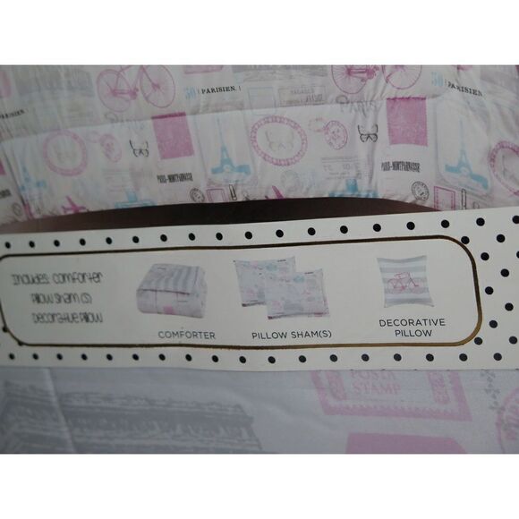 Chloe & Bella TWIN 3 Piece Comforter Set Paris Eiffel Tower Bicycle Pink Blue - Picture 8 of 12